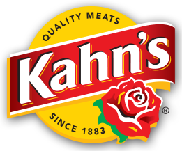 Circular Kahn's quality meats emblem featuring bold white lettering on a red banner over a yellow background. A detailed red rose illustration appears in the lower right portion of the design. 